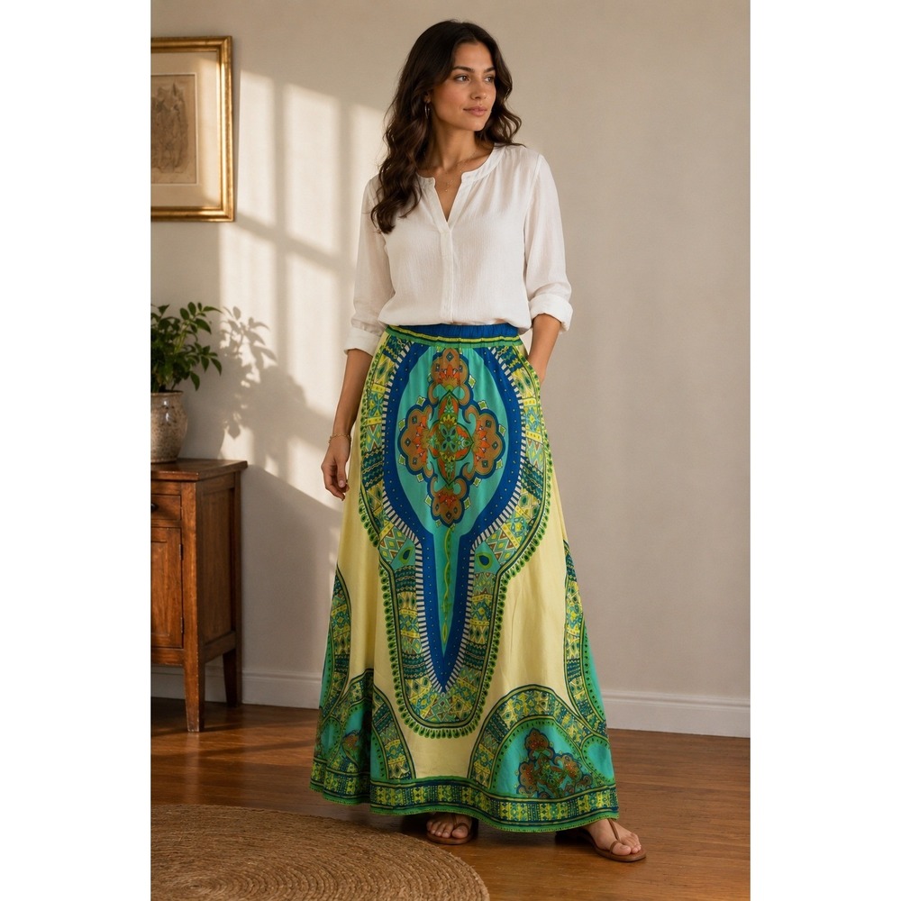 Flying Tomato Pull-On Maxi Skirt Tribal Boho Artsy Aztec Festival Medium - Picture 2 of 7